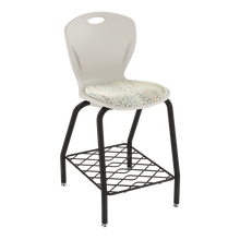 Load image into Gallery viewer, Discover four-leg stool with upholstered seat pad and bookrack for classrooms, cafeterias, and collaborative spaces.