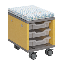 Load image into Gallery viewer, Mobile classroom storage unit with cubby and optional upholstered seat pad.