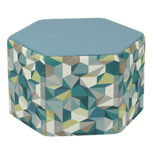 Load image into Gallery viewer, A hexagonal ottoman featuring a solid light blue top and a geometric patterned fabric body in shades of teal, green, gray, and beige, shown against a plain white background.