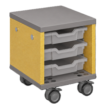 Load image into Gallery viewer, Mobile classroom storage unit with trays and optional upholstered seat pad.