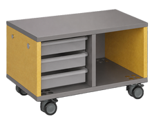 Load image into Gallery viewer, Modular storage unit with mixed tray and cubby configuration for organized, accessible classroom storage and customizable laminate finishes.

