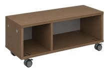 Load image into Gallery viewer, Modular storage unit with a one column cubby and one column shelf configuration for organized, accessible classroom storage with customizable laminate finishes.
