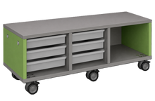 Load image into Gallery viewer, Modular storage unit with a two-column trays and one column cubby configuration for organized, accessible classroom storage with customizable laminate finishes.
