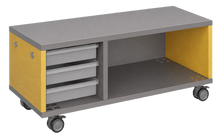 Load image into Gallery viewer, Modular storage unit with a one column trays and one column shelf configuration for organized, accessible classroom storage with customizable laminate finishes.

