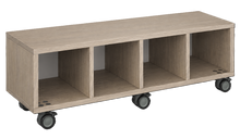 Load image into Gallery viewer, Mobile storage unit with four cubby columns, customizable laminate finishes, and casters for easy mobility.
