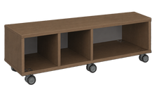 Load image into Gallery viewer, Mobile storage unit with a three column, cubby and shelf configuration, customizable laminate finishes, and casters for easy mobility.
