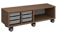 Load image into Gallery viewer, Mobile storage unit with a three column, tray and shelf configuration, customizable laminate finishes, and casters for easy mobility.
