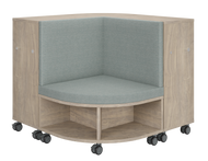 Corner mobile bookshelf with a cushion for classroom
