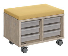 Load image into Gallery viewer, Modular storage unit with two-column tray design, offering organized, accessible classroom storage and an optional seat pad that converts it into a mobile bench with customizable finishes.
