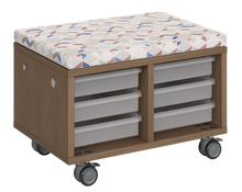 Load image into Gallery viewer, Modular storage unit with two-column tray design, offering organized, accessible classroom storage and an optional seat pad that converts it into a mobile bench with customizable finishes.
