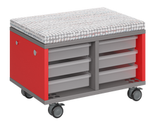 Load image into Gallery viewer, Modular storage unit with two-column tray design, offering organized, accessible classroom storage and an optional seat pad that converts it into a mobile bench with customizable finishes.
