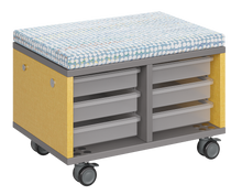 Load image into Gallery viewer, Modular storage unit with two-column tray design, offering organized, accessible classroom storage and an optional seat pad that converts it into a mobile bench with customizable finishes.
