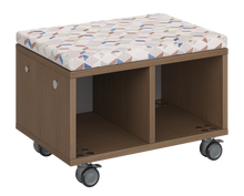 Load image into Gallery viewer, Modular storage unit with two-column cubbies for organized, visible classroom storage and optional seat pad converts it into a mobile bench with customizable finishes.
