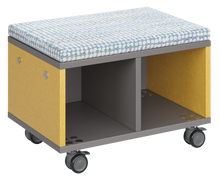 Load image into Gallery viewer, Modular storage unit with two-column cubbies for organized, visible classroom storage and optional seat pad converts it into a mobile bench with customizable finishes.

