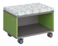 Modular storage unit with an all-shelf for organized, visible classroom storage and optional seat pad converts it into a mobile bench with customizable finishes.