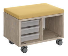 Load image into Gallery viewer, Modular storage unit with mixed tray and cubby configuration for organized, accessible classroom storage and optional seat pad converts it into a mobile bench with customizable laminate finishes.
