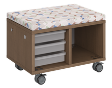 Load image into Gallery viewer, Modular storage unit with mixed tray and cubby configuration for organized, accessible classroom storage and optional seat pad converts it into a mobile bench with customizable laminate finishes.
