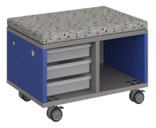 Load image into Gallery viewer, Modular storage unit with mixed tray and cubby configuration for organized, accessible classroom storage and optional seat pad converts it into a mobile bench with customizable laminate finishes.
