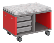 Load image into Gallery viewer, Modular storage unit with mixed tray and cubby configuration for organized, accessible classroom storage and optional seat pad converts it into a mobile bench with customizable laminate finishes.
