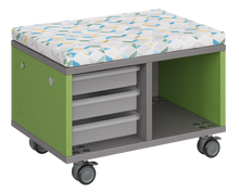 Load image into Gallery viewer, Modular storage unit with mixed tray and cubby configuration for organized, accessible classroom storage and optional seat pad converts it into a mobile bench with customizable laminate finishes.
