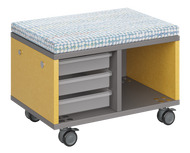 Modular storage unit with mixed tray and cubby configuration for organized, accessible classroom storage and optional seat pad converts it into a mobile bench with customizable laminate finishes.