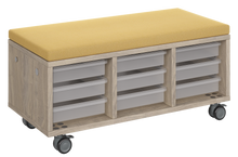 Load image into Gallery viewer, Modular storage unit with a three-column tray configuration for organized, accessible classroom storage and optional seat pad converts it into a mobile bench with customizable laminate finishes.
