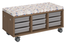 Load image into Gallery viewer, Modular storage unit with a three-column tray configuration for organized, accessible classroom storage and optional seat pad converts it into a mobile bench with customizable laminate finishes.
