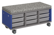 Load image into Gallery viewer, Modular storage unit with a three-column tray configuration for organized, accessible classroom storage and optional seat pad converts it into a mobile bench with customizable laminate finishes.
