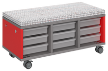 Load image into Gallery viewer, Modular storage unit with a three-column tray configuration for organized, accessible classroom storage and optional seat pad converts it into a mobile bench with customizable laminate finishes.
