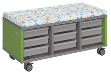 Load image into Gallery viewer, Modular storage unit with a three-column tray configuration for organized, accessible classroom storage and optional seat pad converts it into a mobile bench with customizable laminate finishes.
