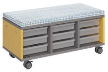Load image into Gallery viewer, Modular storage unit with a three-column tray configuration for organized, accessible classroom storage and optional seat pad converts it into a mobile bench with customizable laminate finishes.
