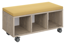 Load image into Gallery viewer, Modular storage unit with a three-column cubby configuration for organized, accessible classroom storage and optional seat pad converts it into a mobile bench with customizable laminate finishes.
