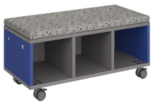 Load image into Gallery viewer, Modular storage unit with a three-column cubby configuration for organized, accessible classroom storage and optional seat pad converts it into a mobile bench with customizable laminate finishes.
