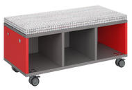 Modular storage unit with a three-column cubby configuration for organized, accessible classroom storage and optional seat pad converts it into a mobile bench with customizable laminate finishes.