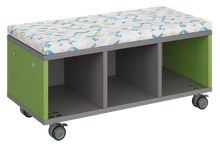 Load image into Gallery viewer, Modular storage unit with a three-column cubby configuration for organized, accessible classroom storage and optional seat pad converts it into a mobile bench with customizable laminate finishes.
