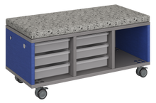 Load image into Gallery viewer, Modular storage unit with a two-column trays and one column cubby configuration for organized, accessible classroom storage and optional seat pad converts it into a mobile bench with customizable laminate finishes.
