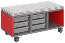 Load image into Gallery viewer, Modular storage unit with a two-column trays and one column cubby configuration for organized, accessible classroom storage and optional seat pad converts it into a mobile bench with customizable laminate finishes.

