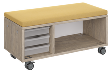 Load image into Gallery viewer, Modular storage unit with a one column trays and one column shelf configuration for organized, accessible classroom storage and optional seat pad converts it into a mobile bench with customizable laminate finishes.
