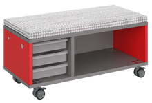 Load image into Gallery viewer, Modular storage unit with a one column trays and one column shelf configuration for organized, accessible classroom storage and optional seat pad converts it into a mobile bench with customizable laminate finishes.
