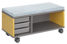 Load image into Gallery viewer, Modular storage unit with a one column trays and one column shelf configuration for organized, accessible classroom storage and optional seat pad converts it into a mobile bench with customizable laminate finishes.
