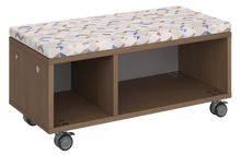 Load image into Gallery viewer, Modular storage unit with a one column cubby and one column shelf configuration for organized, accessible classroom storage and optional seat pad converts it into a mobile bench with customizable laminate finishes.
