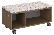 Modular storage unit with a one column cubby and one column shelf configuration for organized, accessible classroom storage and optional seat pad converts it into a mobile bench with customizable laminate finishes.