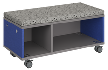 Load image into Gallery viewer, Modular storage unit with a one column cubby and one column shelf configuration for organized, accessible classroom storage and optional seat pad converts it into a mobile bench with customizable laminate finishes.
