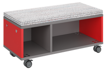 Load image into Gallery viewer, Modular storage unit with a one column cubby and one column shelf configuration for organized, accessible classroom storage and optional seat pad converts it into a mobile bench with customizable laminate finishes.
