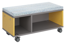 Load image into Gallery viewer, Modular storage unit with a one column cubby and one column shelf configuration for organized, accessible classroom storage and optional seat pad converts it into a mobile bench with customizable laminate finishes.
