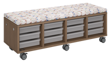 Load image into Gallery viewer, Mobile storage unit with four tray columns, optional upholstered seat for seating, customizable laminate finishes, and casters for easy mobility.
