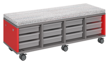 Load image into Gallery viewer, Mobile storage unit with four tray columns, optional upholstered seat for seating, customizable laminate finishes, and casters for easy mobility.
