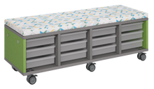 Load image into Gallery viewer, Mobile storage unit with four tray columns, optional upholstered seat for seating, customizable laminate finishes, and casters for easy mobility.
