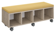 Mobile storage unit with four cubby columns, optional upholstered seat for seating, customizable laminate finishes, and casters for easy mobility.