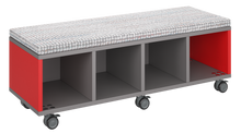 Load image into Gallery viewer, Mobile storage unit with four cubby columns, optional upholstered seat for seating, customizable laminate finishes, and casters for easy mobility.
